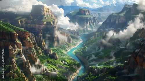 A winding river cuts through a rugged canyon, its turquoise waters carving a path through the rocky landscape. Towering cliffs rise on either side, their jagged peaks disappearing into the clouds