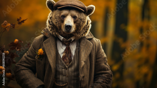 A man is wearing a bear costume and a hat