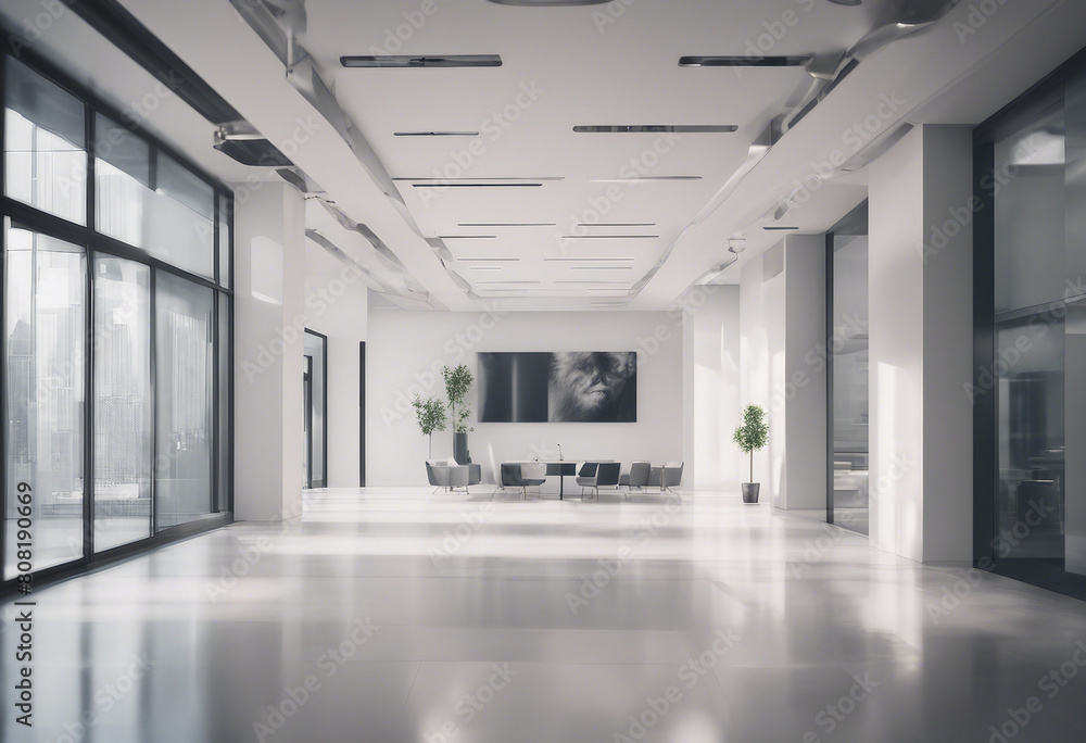 Office lobby with a large white wall and two meeting rooms Office lobby with a large white wall and two meeting rooms