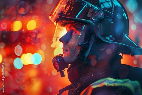 Amazing portrait of a firefighter with Glow HUD big icon of rescue equipment © JK_kyoto