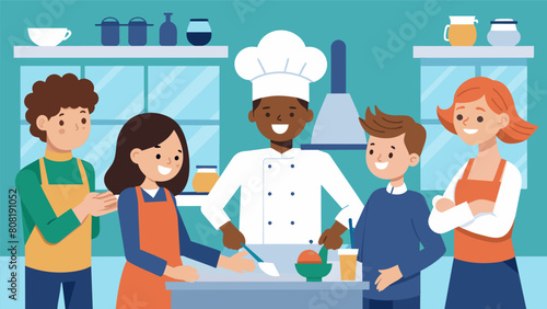 A culinary apprenticeship for individuals with nonverbal learning disorder focusing on cultivating social skills and teamwork in the kitchen.. Vector illustration