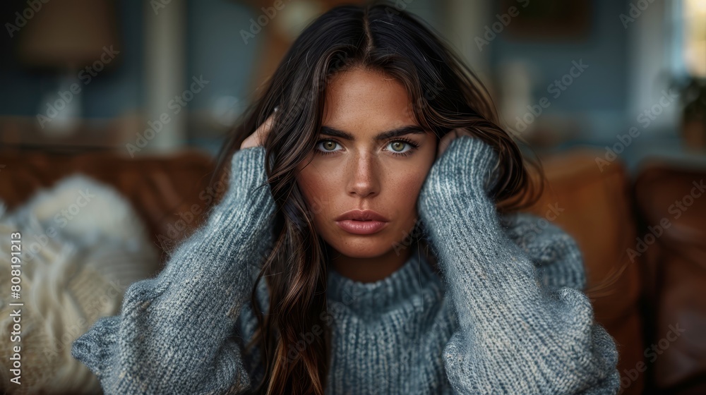 A woman sits on a couch, hands on head, ears covered A woman sits on a couch, hands on head, ears covered