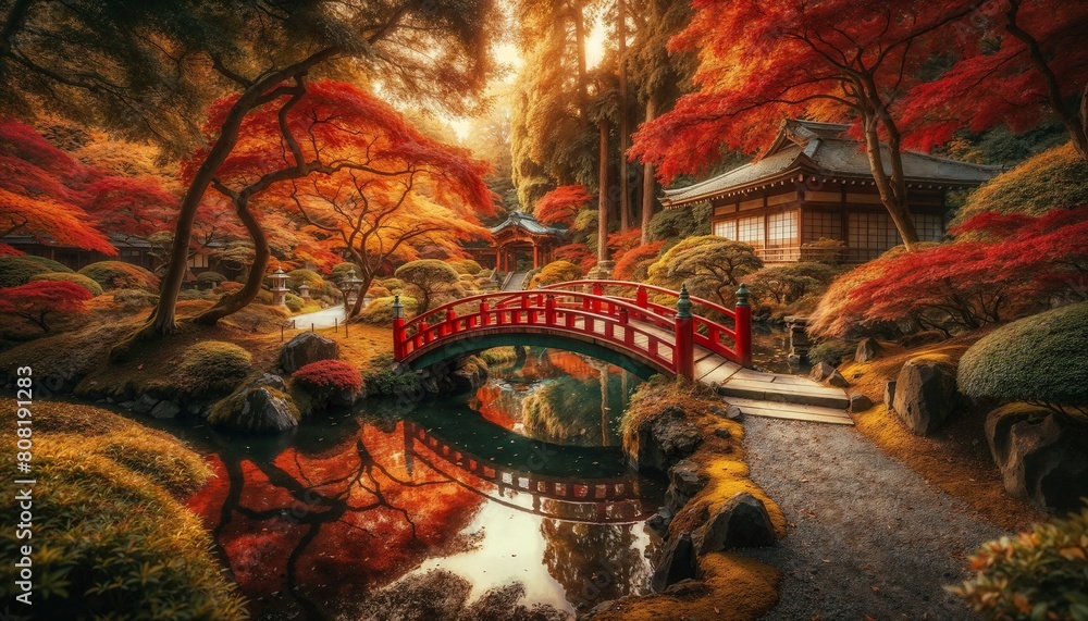 Japanese Garden With Red Bridge