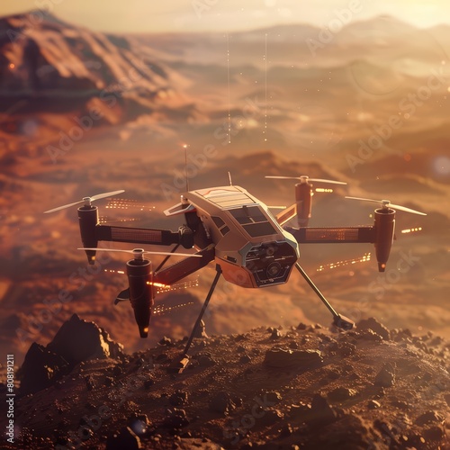 An international collaboration in space exploration launches a solarpowered drone to explore the hidden valleys of Mars HUD icon of Martian drone photo