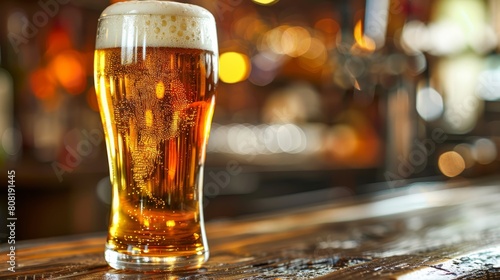  A tight shot of a chilled beer glass on a table, surrounded by softly blurred bar lights