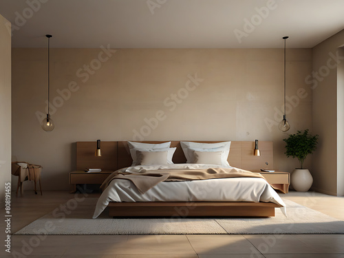 Minimalist interior design of modern bedroom with beige stucco wall.