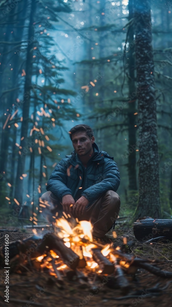 Solitude and Warmth: Man by Campfire in Forest Twilight Solitude and Warmth: Man by Campfire in Forest Twilight