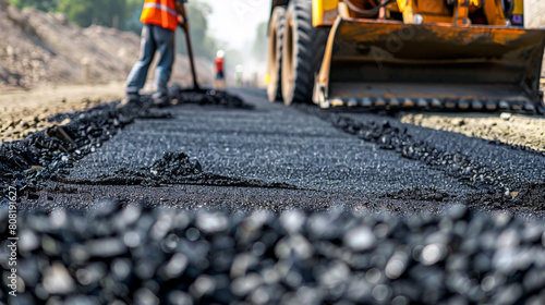 Laying of tarmac at road construction sites, team work of road construction workers,