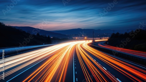A blurred highway at night, with streaks of light from passing cars creating dynamic lines