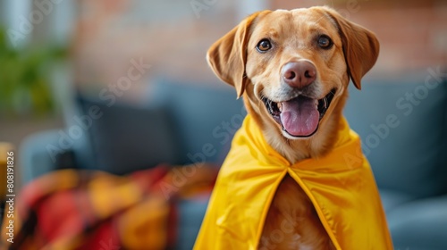 Happy Dog Wearing Yellow Cape © ArtCookStudio