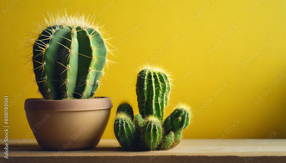 Cactus on yellow background symbolizes resilience, adaptation, and endurance. Copy space available Cactus on yellow background symbolizes resilience, adaptation, and endurance. Copy space available