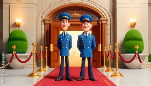 Elegant 3D Avatar Scene: Two Doorman at Luxurious Entrance in Classic Blue Uniform, Two Doormen in Blue Uniforms at Elegant Entrance photo