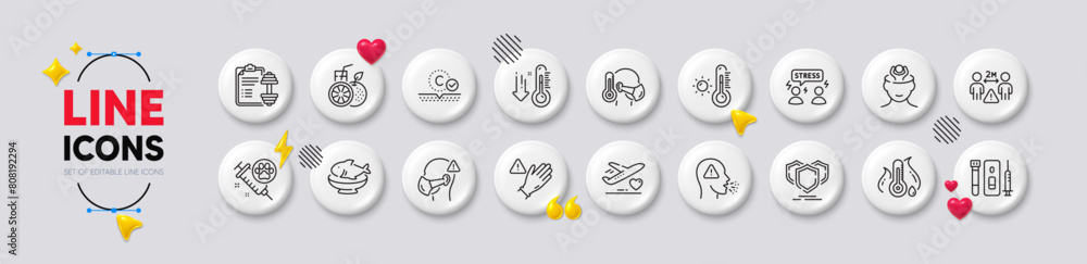 Seafood, Orange juice and Blood and saliva test line icons. White buttons 3d icons. Pack of Medical flight, Dumbbell, Stress icon. Sick man, Cough, Weather thermometer pictogram. Vector Seafood, Orange juice and Blood and saliva test line icons. White buttons 3d icons. Pack of Medical flight, Dumbbell, Stress icon. Sick man, Cough, Weather thermometer pictogram. Vector