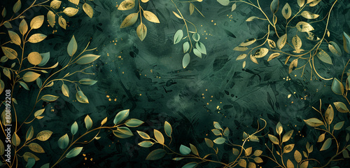 Abstract foliage in jade green and soft gold on a black background. photo