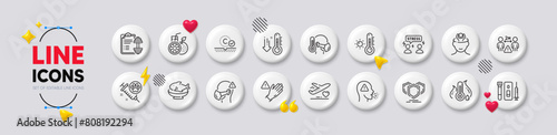Seafood, Orange juice and Blood and saliva test line icons. White buttons 3d icons. Pack of Medical flight, Dumbbell, Stress icon. Sick man, Cough, Weather thermometer pictogram. Vector