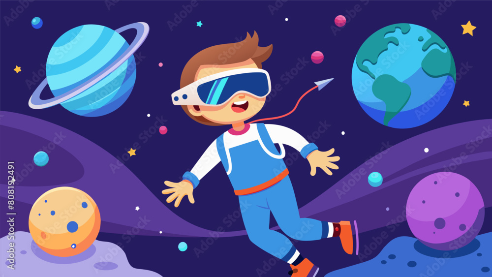 A virtual reality experience that lets children walk on the moon and experience zero gravity.. Vector illustration A virtual reality experience that lets children walk on the moon and experience zero gravity.. Vector illustration