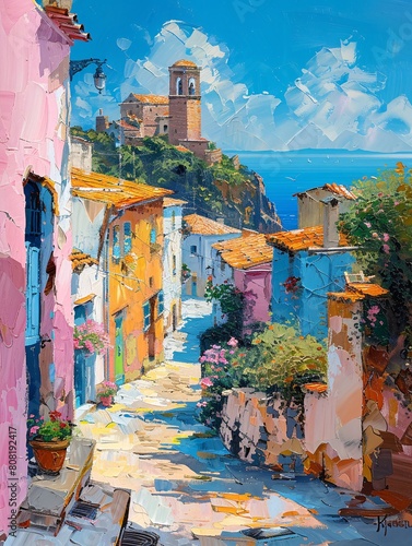 A colorful painting of a town square with a church in the background