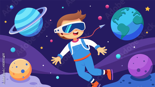 A virtual reality experience that lets children walk on the moon and experience zero gravity.. Vector illustration