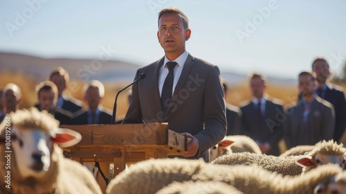 Man Standing in Front of Group of Sheep photo