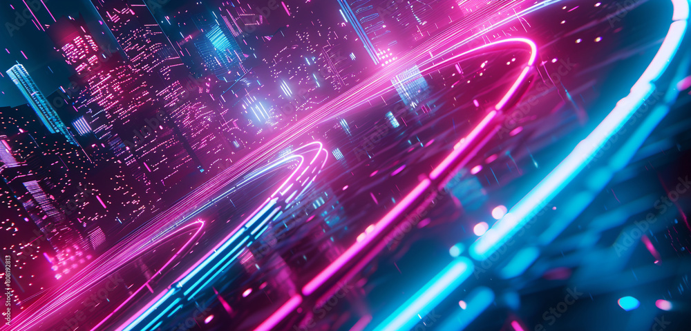 Neon pink and blue lights weave through a dark futuristic urban landscape. Neon pink and blue lights weave through a dark futuristic urban landscape.