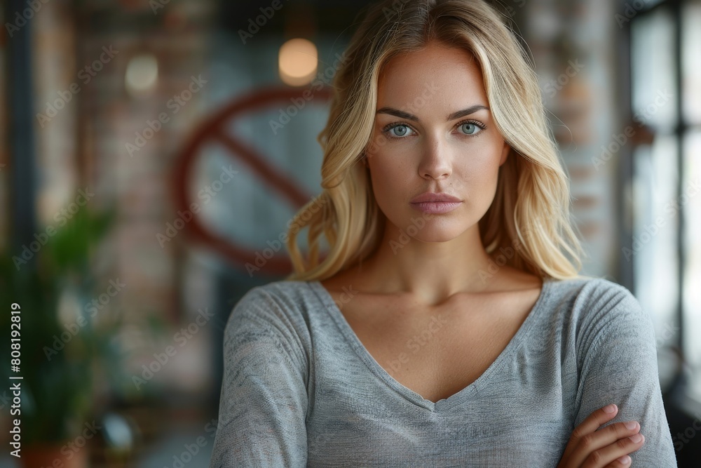 Intense-looking woman stands seriously near a no-symbol sign, her gaze penetrating Intense-looking woman stands seriously near a no-symbol sign, her gaze penetrating