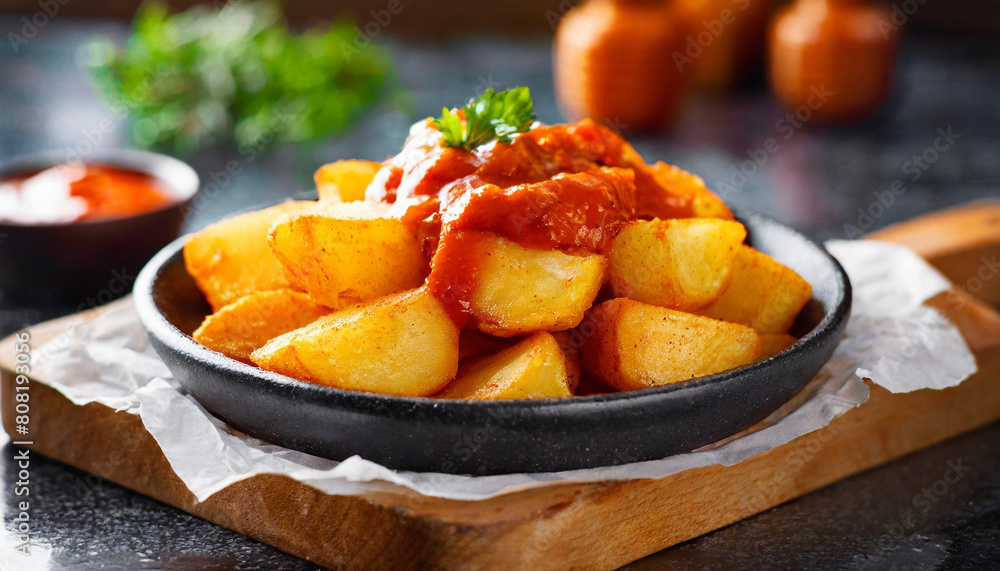 Rustic plate piled high with Spanish patatas bravas, showcasing golden fried potatoes smothered in spicy sauce Rustic plate piled high with Spanish patatas bravas, showcasing golden fried potatoes smothered in spicy sauce