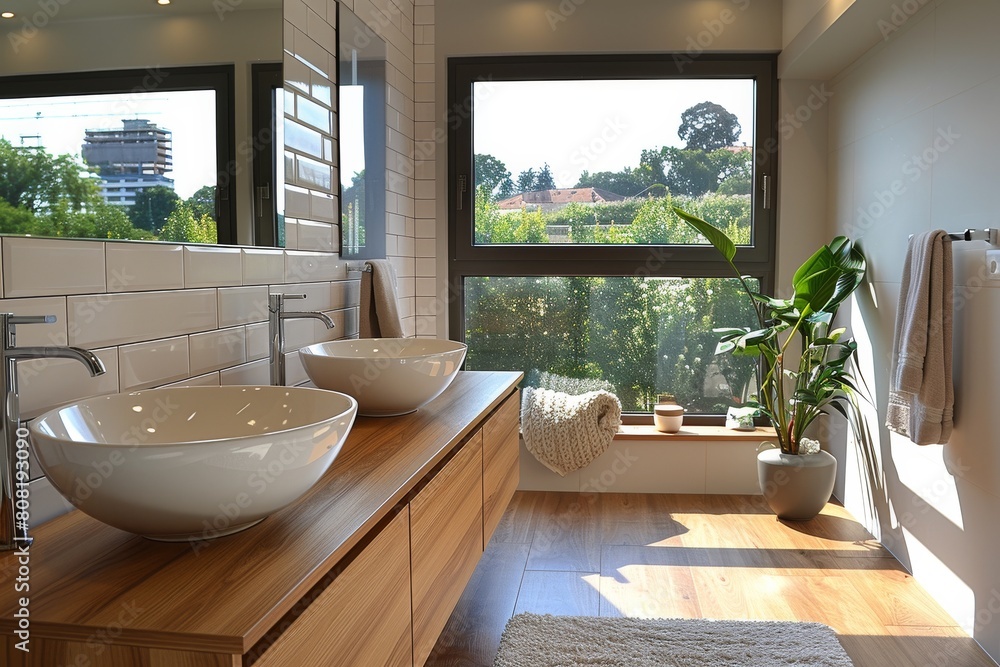 Fototapeta premium Two vessel sinks complement a well-lit bathroom with natural light streaming in through a large window