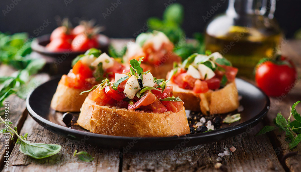 Italian bruschetta appetizer on rustic wooden board Italian bruschetta appetizer on rustic wooden board