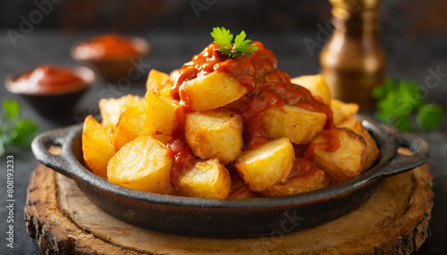 Spanish patatas bravas, showcasing golden fried potatoes smothered in spicy sauce