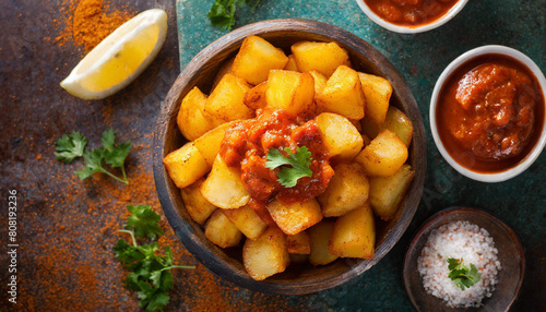 Spanish patatas bravas, showcasing golden fried potatoes smothered in spicy sauce photo