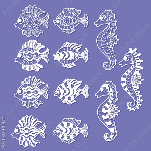 Stylized seahorses and fish. A set of templates for laser cutting from paper, cardboard, wood, metal. For the design of interior decorations, cards, stickers, etc. Vector