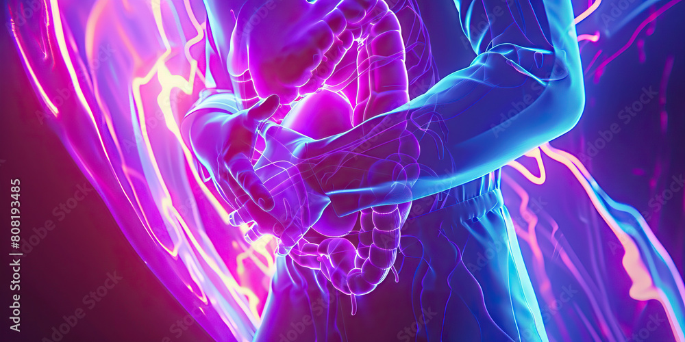 Gastrointestinal Gripes. Person holding Abdominal Cramps and Bloating Stomach. Xray. Particles. Gastrointestinal Gripes. Person holding Abdominal Cramps and Bloating Stomach. Xray. Particles.