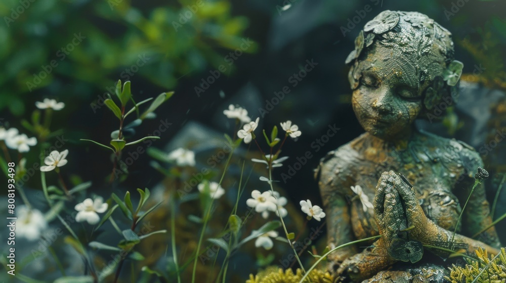 antique garden decor figurines, beautiful green garden with flowers and plaster figurine natural background. Background, with copy space antique garden decor figurines, beautiful green garden with flowers and plaster figurine natural background. Background, with copy space
