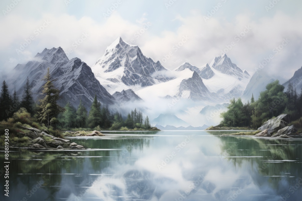 Fototapeta premium A magnificent landscape of a mountain river, snow-capped mountains, coniferous trees and sky. The concept for the development of tourism, mountaineering, skiing, rock climbing, 