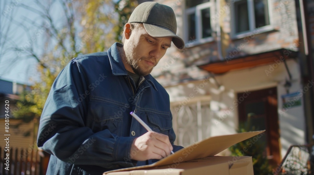 Courier holding carton box and delivery receipt Courier holding carton box and delivery receipt