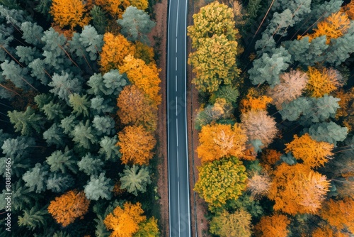 Aerial top view of an asphalt road going through an autumn forest 