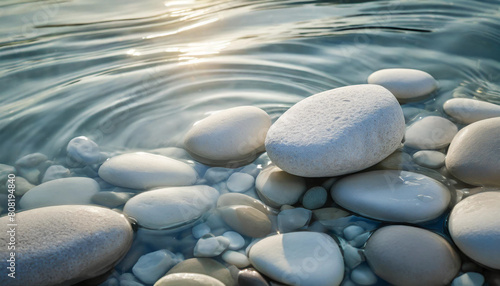 White stones cast elegant shadows on rippling water, evoking calm and serenity under the gentle glow of sunlight