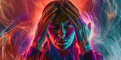 Migraine Mayhem  The Pounding Headache and Nausea - Visualize a person holding their head  wincing in pain  with waves of nausea depicted around them  illustrating the intense headache and accompanyin