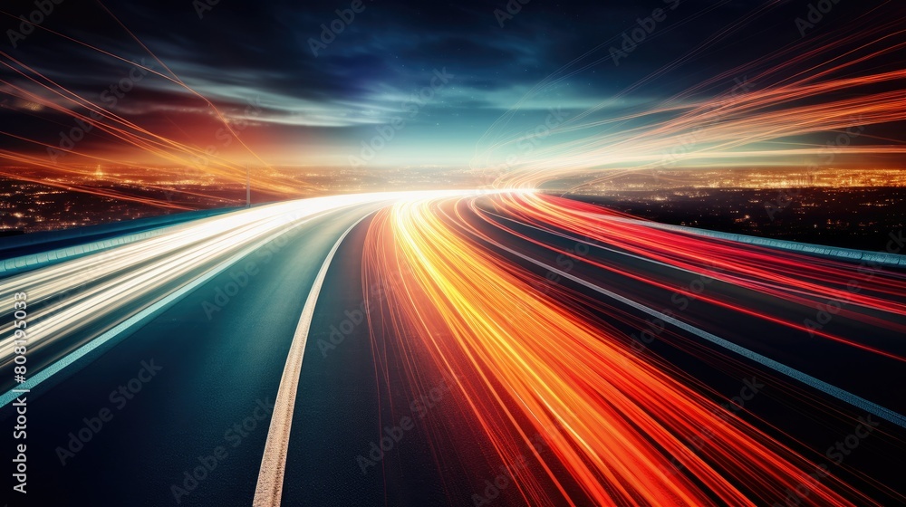 A blurred highway at night, with streaks of light from passing cars creating dynamic lines A blurred highway at night, with streaks of light from passing cars creating dynamic lines
