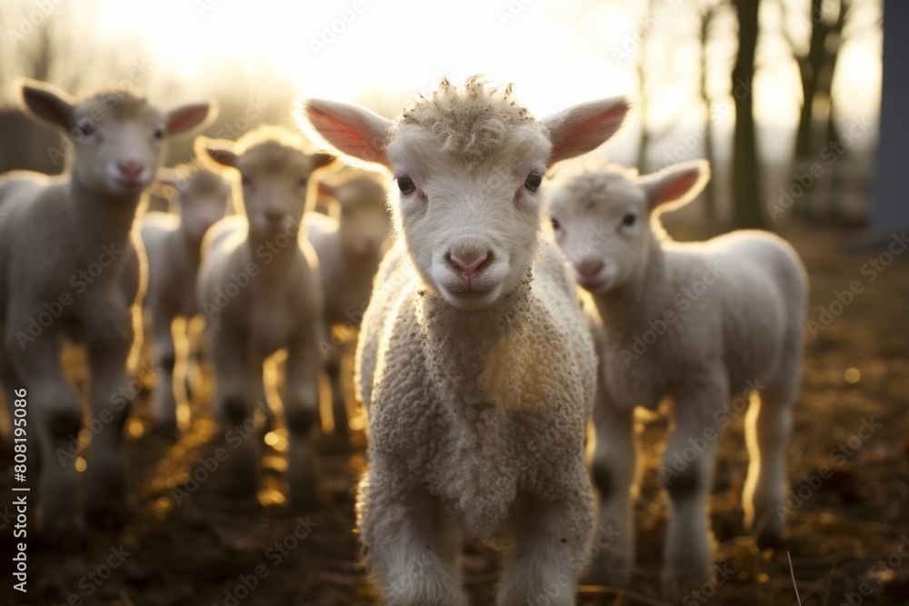 Funny close-up portrait of little lambs on a wide angle camera
