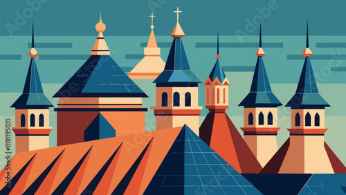 The rooftop of the building is punctuated with a series of small spires each adorned with a different pattern or motif.. Vector illustration photo