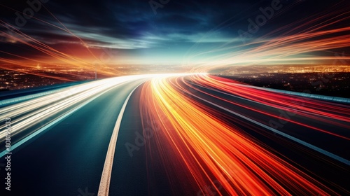 A blurred highway at night  with streaks of light from passing cars creating dynamic lines
