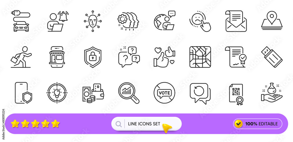 Change money, Metro map and Mail newsletter line icons for web app. Pack of Phone protect, Approved agreement, Usb flash pictogram icons. Stop voting, Face biometrics, Marketplace signs. Vector