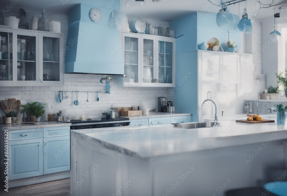 White and blue kitchen interior with bar
