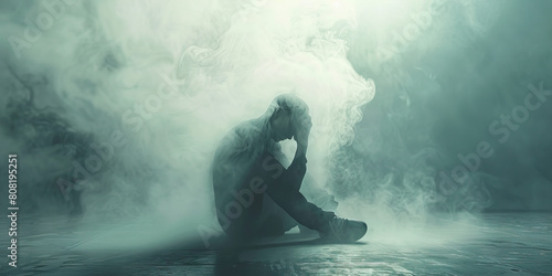 Chronic Fatigue: The Persistent Exhaustion and Mental Fog - Imagine a person sitting tiredly, surrounded by a foggy haze, symbolizing the ongoing exhaustion and mental cloudiness of chronic fatigue  photo