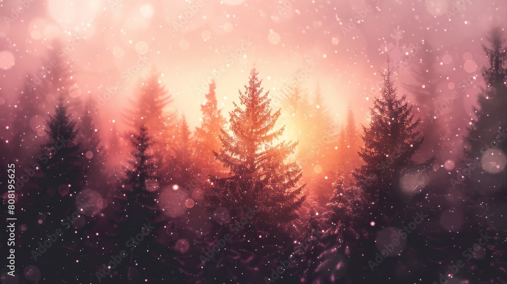 A forest teeming with numerous trees beneath a sky adorned with multitudes of white and orange lights, intermingled with snowflakes A forest teeming with numerous trees beneath a sky adorned with multitudes of white and orange lights, intermingled with snowflakes