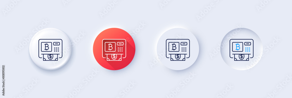 Bitcoin ATM line icon. Neumorphic, Red gradient, 3d pin buttons. Cryptocurrency cash sign. Dollar money symbol. Line icons. Neumorphic buttons with outline signs. Vector Bitcoin ATM line icon. Neumorphic, Red gradient, 3d pin buttons. Cryptocurrency cash sign. Dollar money symbol. Line icons. Neumorphic buttons with outline signs. Vector
