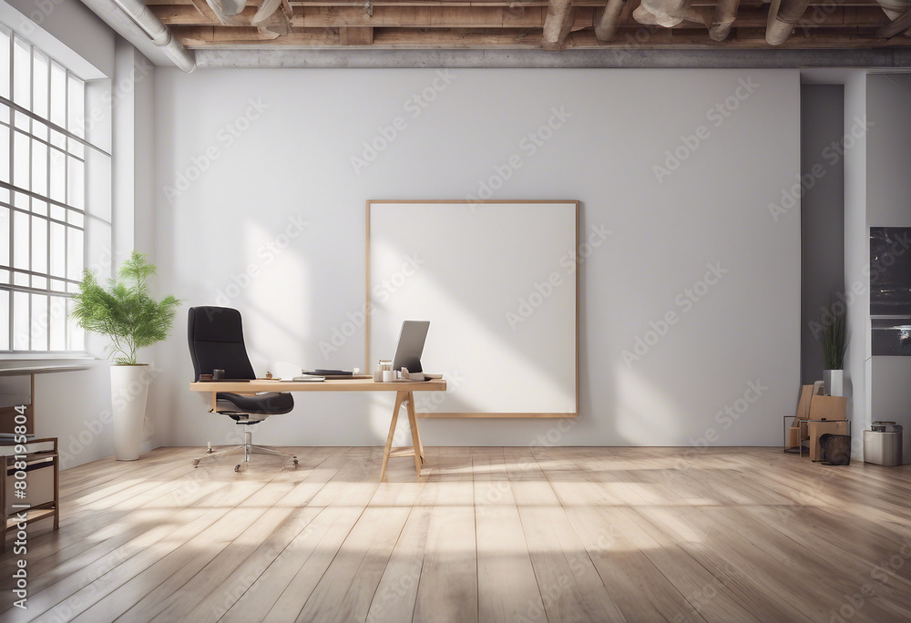 White and wooden open space office interior with blank mock up wall White and wooden open space office interior with blank mock up wall