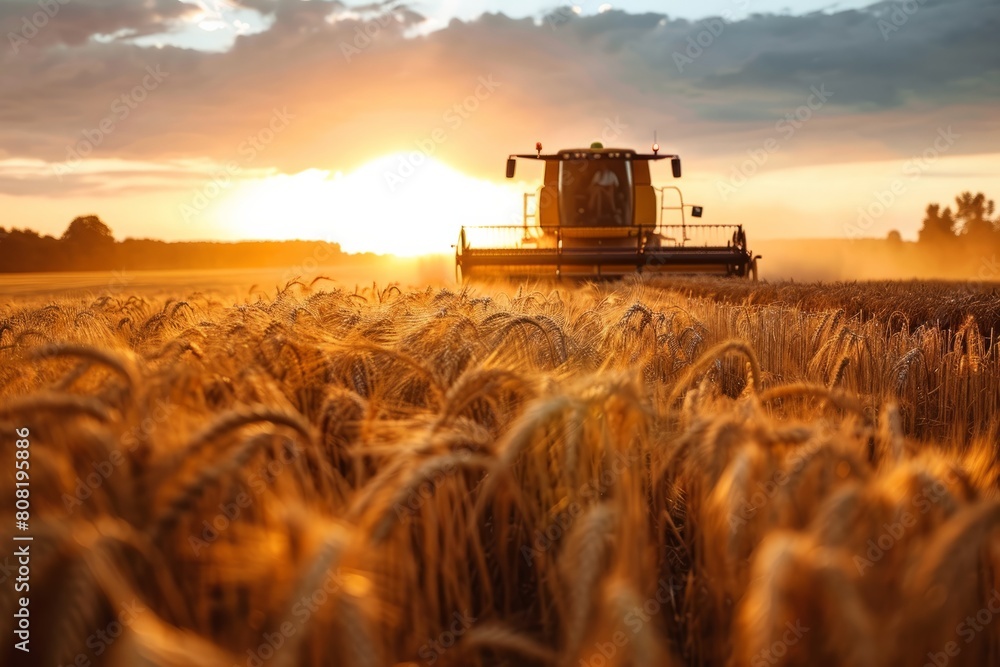 Fototapeta premium Seasonal wheat harvest by combine, concept of agricultural business, eco products 