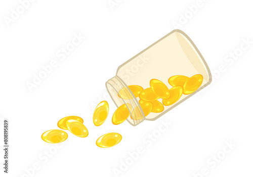 Yellow gel pills spilling out of transparent pill bottle. Vector cartoon flat illustration of open container with fish oil supplement. 